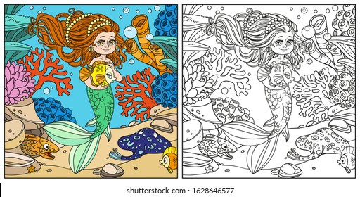 Cute little mermaid girl holds a pet fish on underwater world with corals, anemones, moray eels and ramp background color and outlined