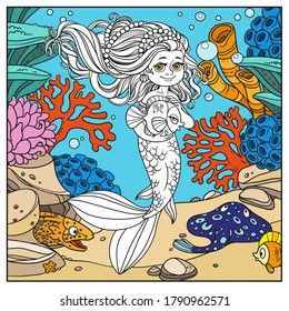 Cute little mermaid girl holds a pet fish on underwater world with corals, anemones, moray eels and ramp page for coloring