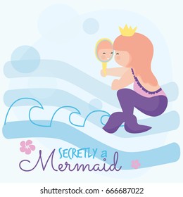 Cute little mermaid girl looking at the mirror vector illustration. Baby fashion design.