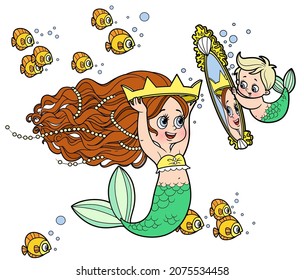 Cute little mermaid girl measures the crown in front of the mirror held by the child mermaid color variation for coloring page