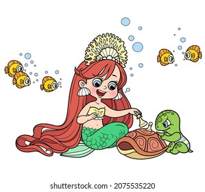 Cute little mermaid girl playing chess with a sea turtle color variation for coloring page