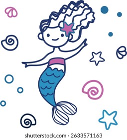 Cute little mermaid girl playing with her tail colored outlined for coloring page on a white background