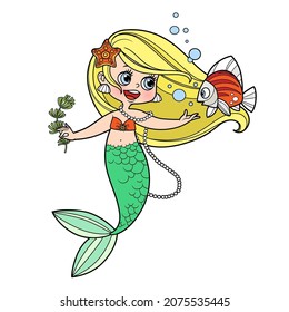 Cute little mermaid girl with seaweed in hand speaks with fish color variation for coloring page