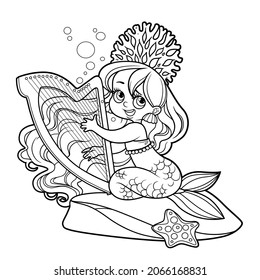 Cute little mermaid girl sit on stone and playing the harp outlined for coloring page isolated on white background