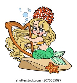 Cute little mermaid girl sit on stone and playing the harp color variation for coloring page