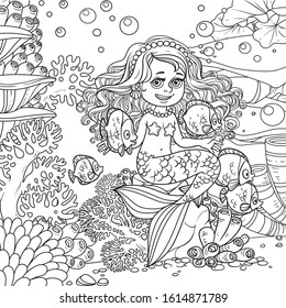 Cute little mermaid girl sits on a stone playing with fish on underwater world with corals and anemones background outlined