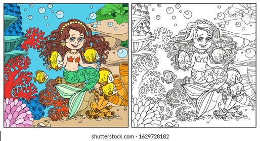 Cute little mermaid girl sits on a stone playing with fish. Underwater world with corals and anemones.  Background color and outlined.