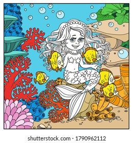 Cute little mermaid girl sits on a stone playing with fish on underwater world with corals and anemones page for coloring