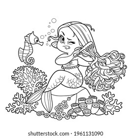 Cute little mermaid girl sitting on a stone and combing tangled hair with a comb outlined for coloring page isolated on white background