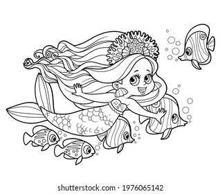 Cute little mermaid girl swimming with a flock of fish nearby outlined for coloring page isolated on white background