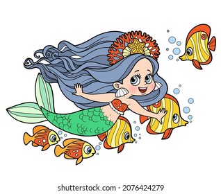 Cute Little Mermaid Girl Swimming With A Flock Of Fish Nearby Color Variation For Coloring Page