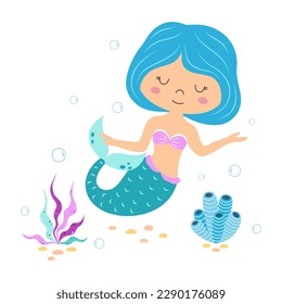 cute little mermaid girl swimming underwater, cartoon marine creature and seaweed, sea and ocean life concept, flat vector illustration, print for kids