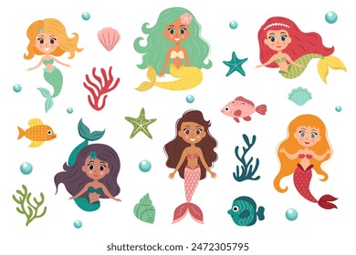 Cute little mermaid girls set. Corals, algae, fish, shells, starfish and bubbles. Cartoon fairy tale mermaid characters, swimming under the sea.