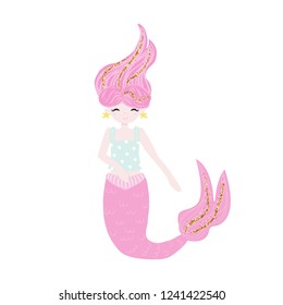 Cute little mermaid with gold glitter elements. Vector hand drawn illustration.