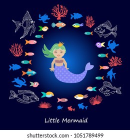 Cute little mermaid with green hair. Cartoon collection for children books, cards, textile design and other decorations. Beautiful girl,and fishes and corals in the sea.