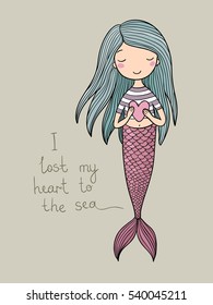 Cute little mermaid with heart. Siren. Sea theme. Vector illustration.