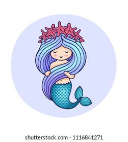 Cute little mermaid, holding her hair. Cartoon character on a round violet background. Illustration for poster, postcard. Print for kids, children's, babies