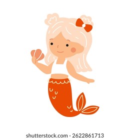 Cute little mermaid holding shell. Vector illustration in cartoon style