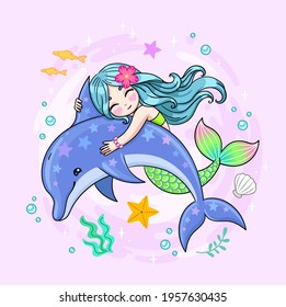 Cute little mermaid hugging a
dolphin. Fantasy vector illustration