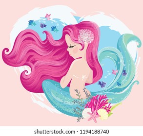 cute little mermaid illustration for kids artwork, children books, prints, greeting cards.