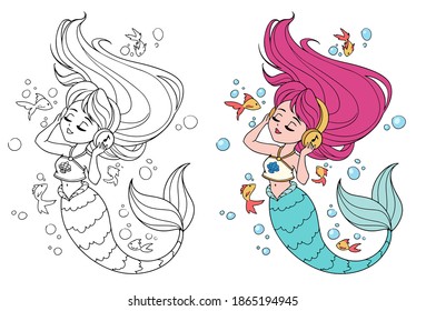 Cute little mermaid with long hair and wearing a t-shirt listen to music. Little golden fishes and bubbles on the background. Vector black and white coloring page.