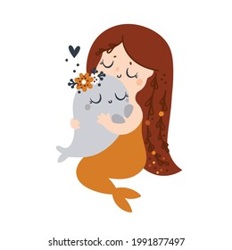 Cute little mermaid with long hair and fish tail.  Marine fauna, undersea world. Fairy mermaid hugs a baby whale. Positive thinking cartoon illustration for kids. Ideal for nursery prints, room decor