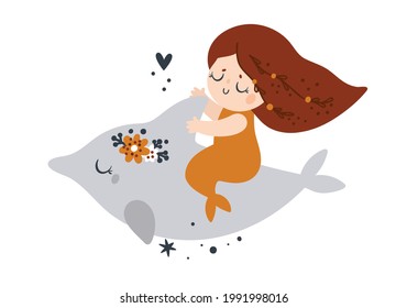 Cute little mermaid with long hair and fish tail.  Marine fauna, undersea world. Fairy mermaid riding dolphin. Positive cartoon illustration for kids. Ideal for nursery prints, room decoration