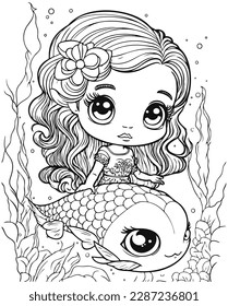 Cute little mermaid with long hair and fish. Fairytale character in line drawing. Vector isolated on background. For printable children's and adults coloring page or book, kids toddler activity.