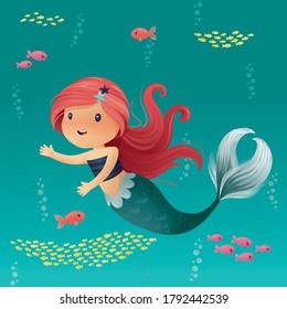 Cute Little Mermaid with Long Red Hair Smiling and Swiming in the Ocean with Colorful Fish Character Design Vector Gradient Illustration  Brush Painting Clip Art Cartoon 