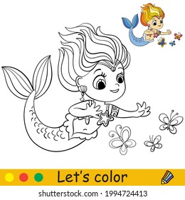 Cute little mermaid look at beautiful butterflies. Coloring book page with colorful template for kids. Vector isolated illustration. For coloring book, print, game, party, design