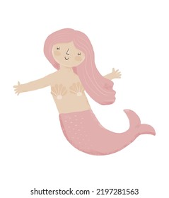 Cute Little Mermaid. Lovely Hand Drawn Nursery Vector Art with Happy Siren with Pastel Pink Hair and Fish Tail on a White Background. Girly Party Print ideal for Card, Invitation, Poster, Wall Art.