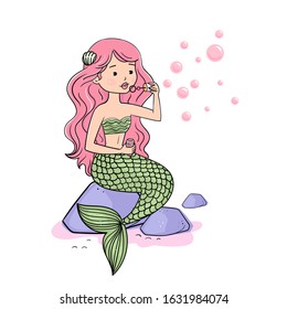 Cute little mermaid making soap bubbles, cartoon marine life. Vector Stock illustration isolated on white background.