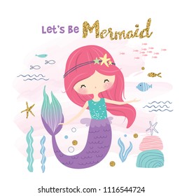 Cute little mermaid and marine life cartoon