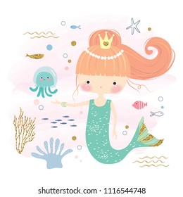 Cute little mermaid and marine life cartoon