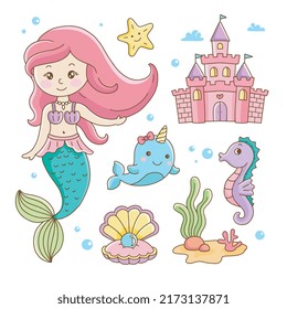 Cute little mermaid narwhal seahorse shell castle and marine sea life cartoon