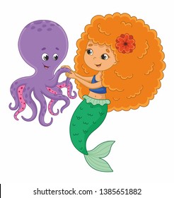 Cute little mermaid with octopus. Vector cartoon mermaid. Vector illustration for children 

