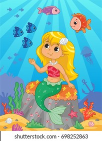 Cute little mermaid on the sea background. Vector illustration for kids