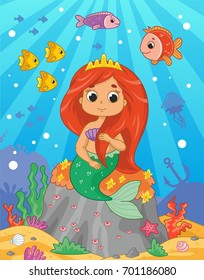 Cute little mermaid on the sea background. Vector illustration for kids