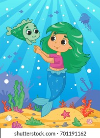 Cute little mermaid on the sea background with her friendly fish. Vector illustration for kids