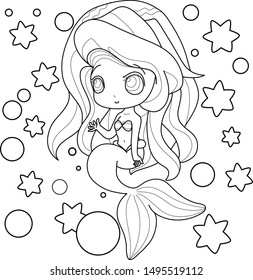 Cute little mermaid and outline  Fantastic creature isolated white background for coloring book  Vector cartoon magic young girl undersea illustration 