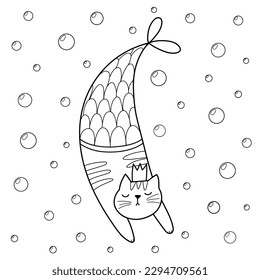 Cute little mermaid cat coloring page. Feline character print in cartoon style. Line art print for coloring book and cards. Vector illustration