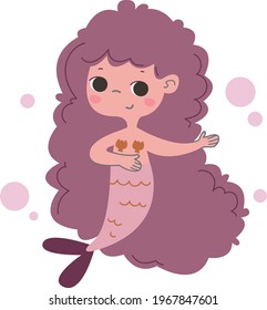 A cute little mermaid with pink curls. Delicate pastel color. Vector illustration in cartoon children s style. Baby print for girls. Funny character art