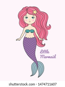 Cute little mermaid with pink hair cartoon style vector illustration 