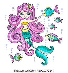 Cute little mermaid with pink hair with fishes. Children's illustration. For the design of prints, posters, cards, stickers, etc. Vector