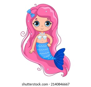 Cute little mermaid with pink hair and a blue tail. Vector illustration of magic character in cartoon childish style. Isolated funny clipart on white background. cute mermaid girl print.