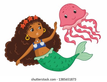 Cute little mermaid with pink jellyfish. Vector cartoon mermaid. Vector illustration for children 
