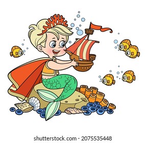 Cute little mermaid prince in a crown of coral sits on a stone and examines a toy sailboat color variation for coloring page