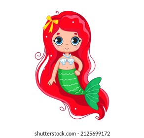 Cute little mermaid with red hair and green tail. Vector illustration of magic character in cartoon childish style. Isolated funny clipart on white background. cute mermaid girl print