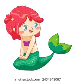Cute little mermaid with red hair and green fish tail. Vector illustration in childish style for baby shower, goods, clothes