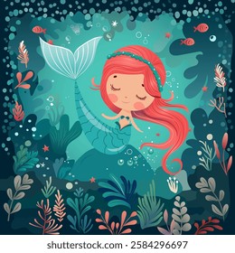 Cute little mermaid with red hair swimming underwater among corals and fish. Fantasy sea world illustration in fairy tale style. Perfect for children's design, prints, and decor